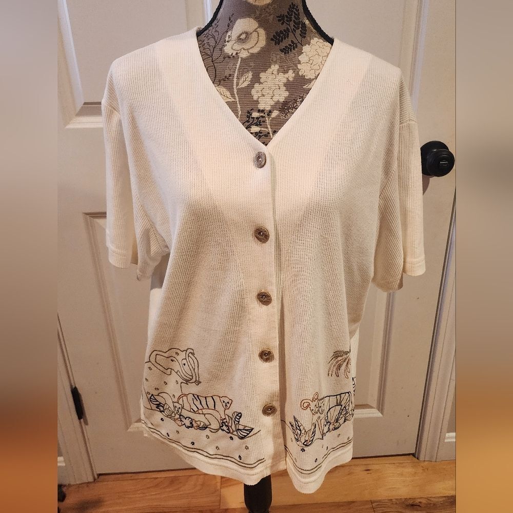 Teddi vintage 80s white animal embroidered  button up blouse L